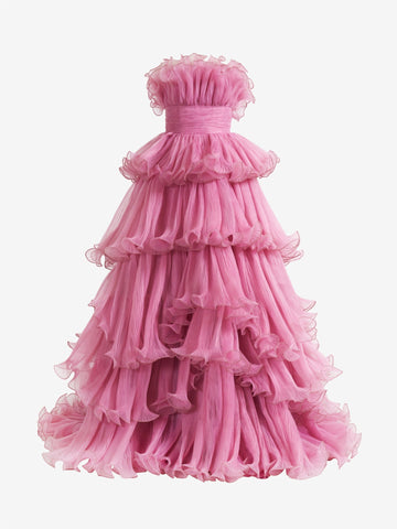 Vanessa | Vestido de fiesta de tul arrugado con capas y corte A sin tirantes