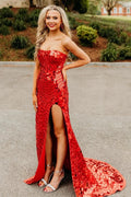 Veilance | Red Strapless Mermaid Sequins Long Prom Dresses With Split by KissProm