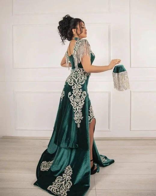Samt Dunkelgrün Langes Meerjungfrau Ballkleid mit Schlitz