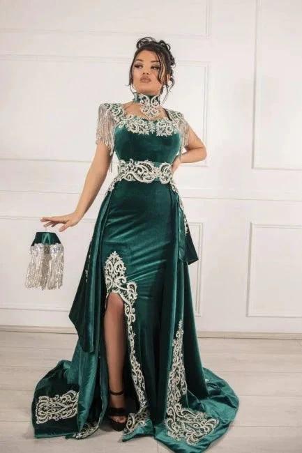 Samt Dunkelgrün Langes Meerjungfrau Ballkleid mit Schlitz