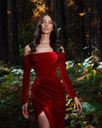 Velvet evening dresses long red | Prom dresses with sleeves by misshow.com