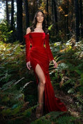 Velvet evening dresses long red | Prom dresses with sleeves by misshow.com