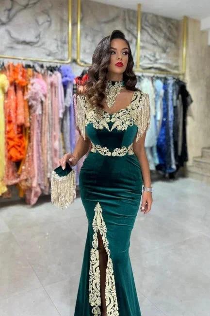 Velvet Long Evening Dress Designer Lace Sleeveless Prom Dress With Slit by misshow.com