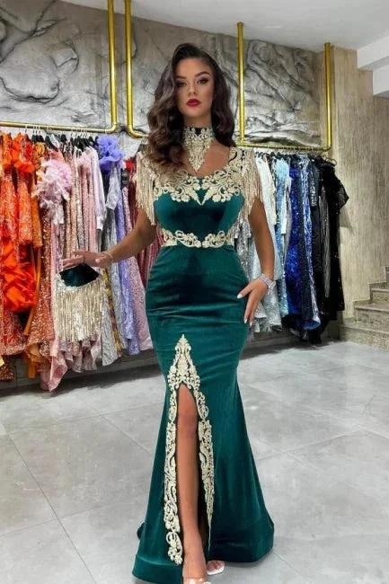 Velvet Long Evening Dress Designer Lace Sleeveless Prom Dress With Slit by misshow.com
