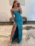Velvetia | Sparkly Sheath V Neck Sequins Long Prom Dresses With Split by KissProm