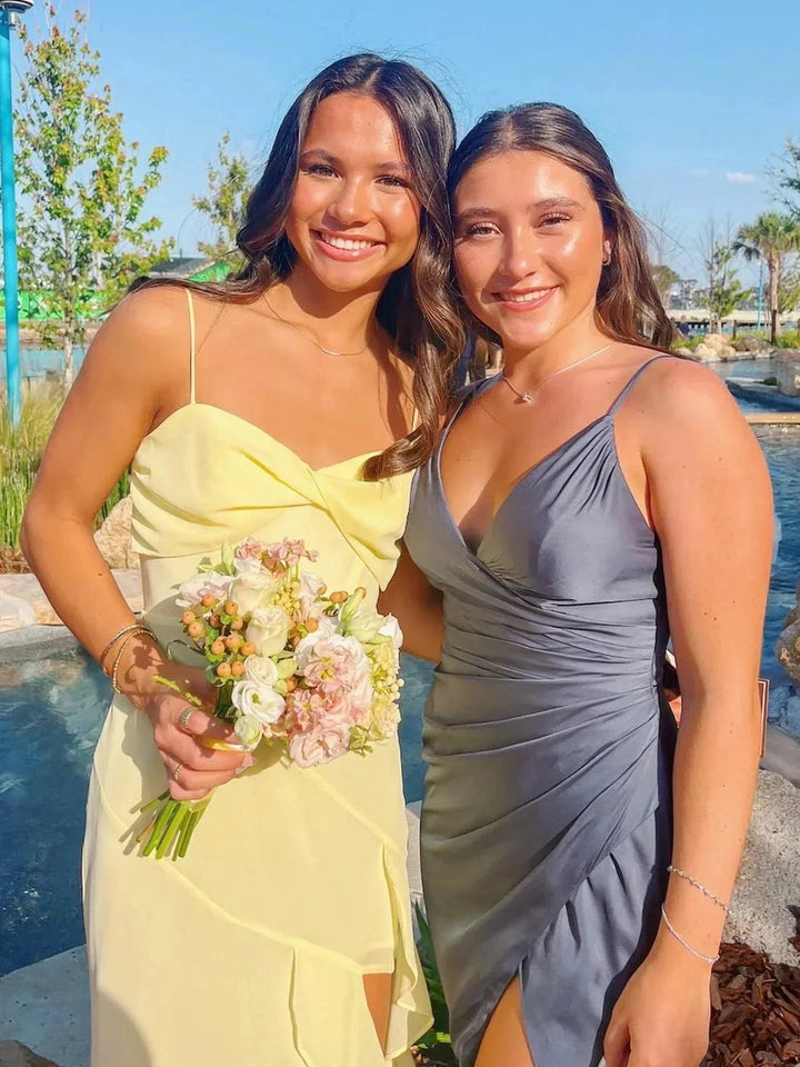 Venicia | V-Neck Yellow Chiffon Ruffles Long Prom Dresses with Slit by KissProm