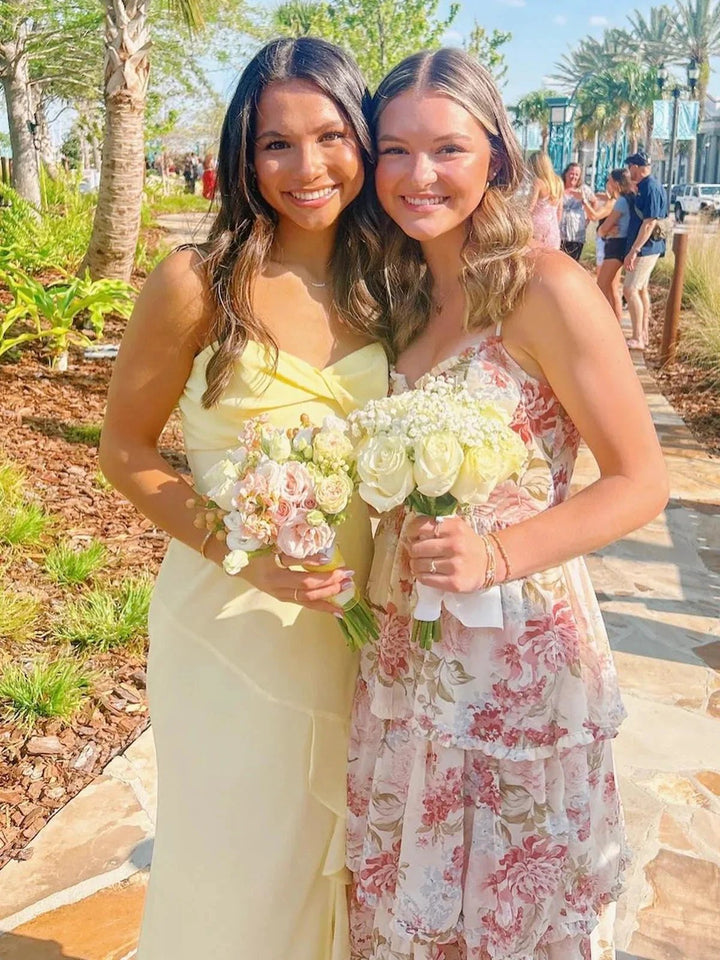 Venicia | V-Neck Yellow Chiffon Ruffles Long Prom Dresses with Slit by KissProm