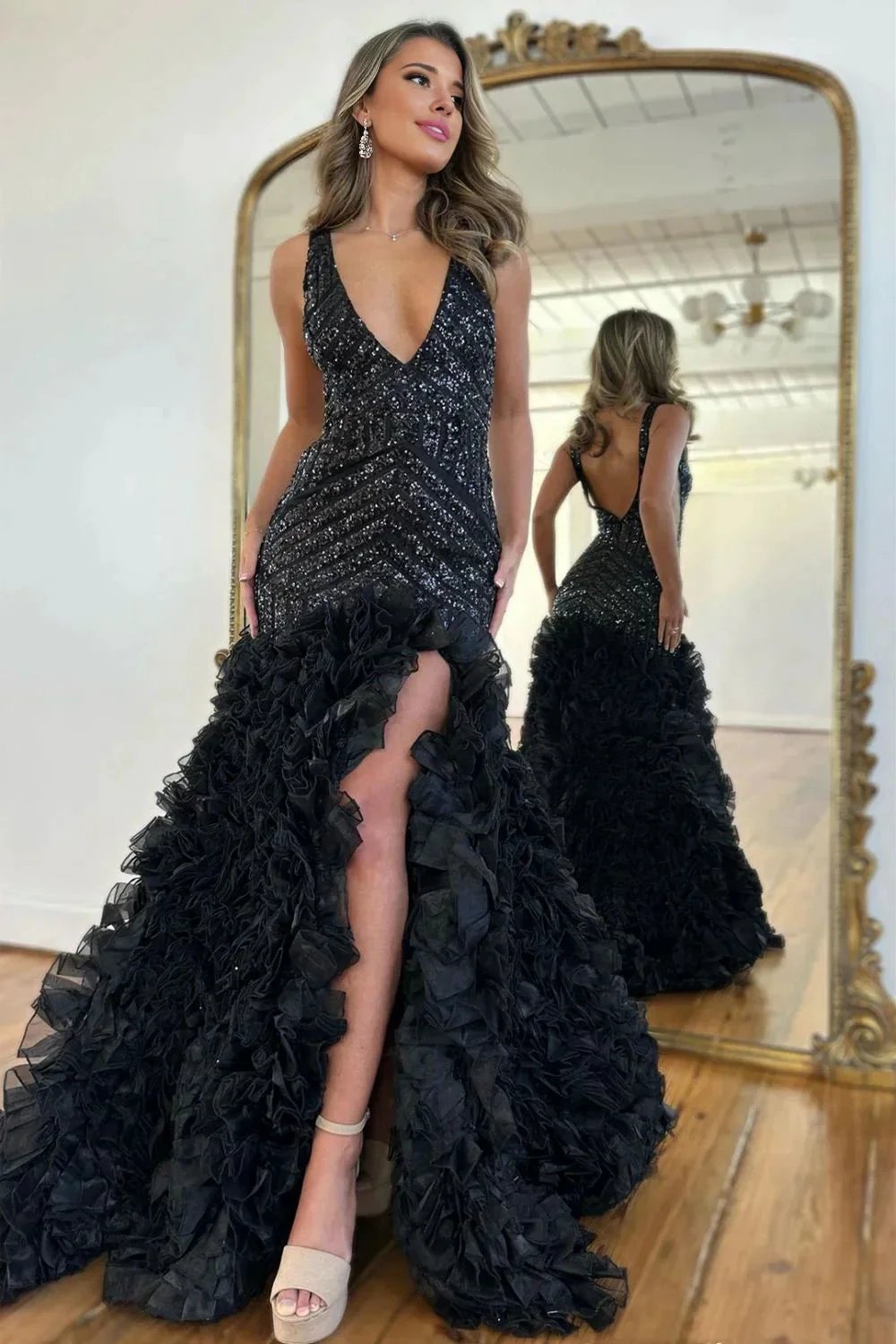 Vevina | Black Mermaid V-Neck Long Sequin Prom Dress With Ruffles by KissProm