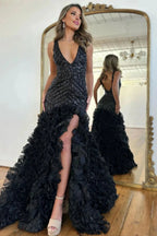 Vevina | Black Mermaid V-Neck Long Sequin Prom Dress With Ruffles by KissProm