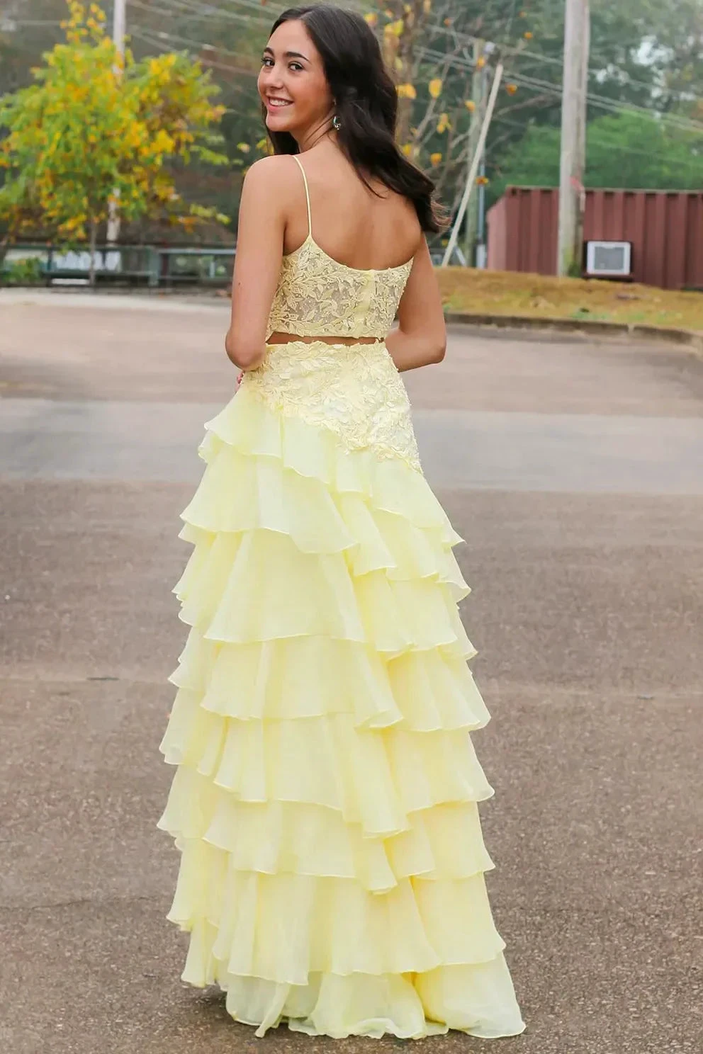 Victorie | Spaghetti Straps Appliques A-Line Layered Chiffon Prom Dress with Slit by KissProm