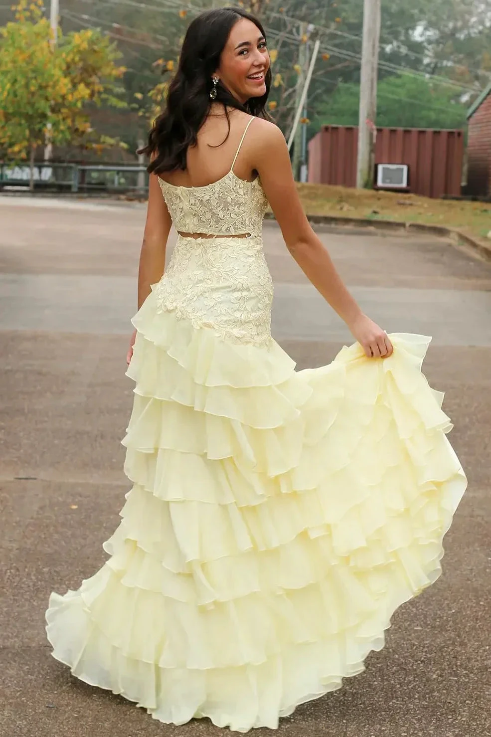Victorie | Spaghetti Straps Appliques A-Line Layered Chiffon Prom Dress with Slit by KissProm