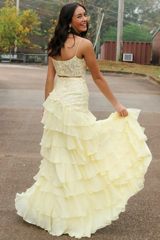 Victorie | Spaghetti Straps Appliques A-Line Layered Chiffon Prom Dress with Slit