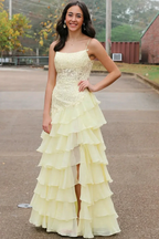 Victorie | Spaghetti Straps Appliques A-Line Layered Chiffon Prom Dress with Slit by KissProm