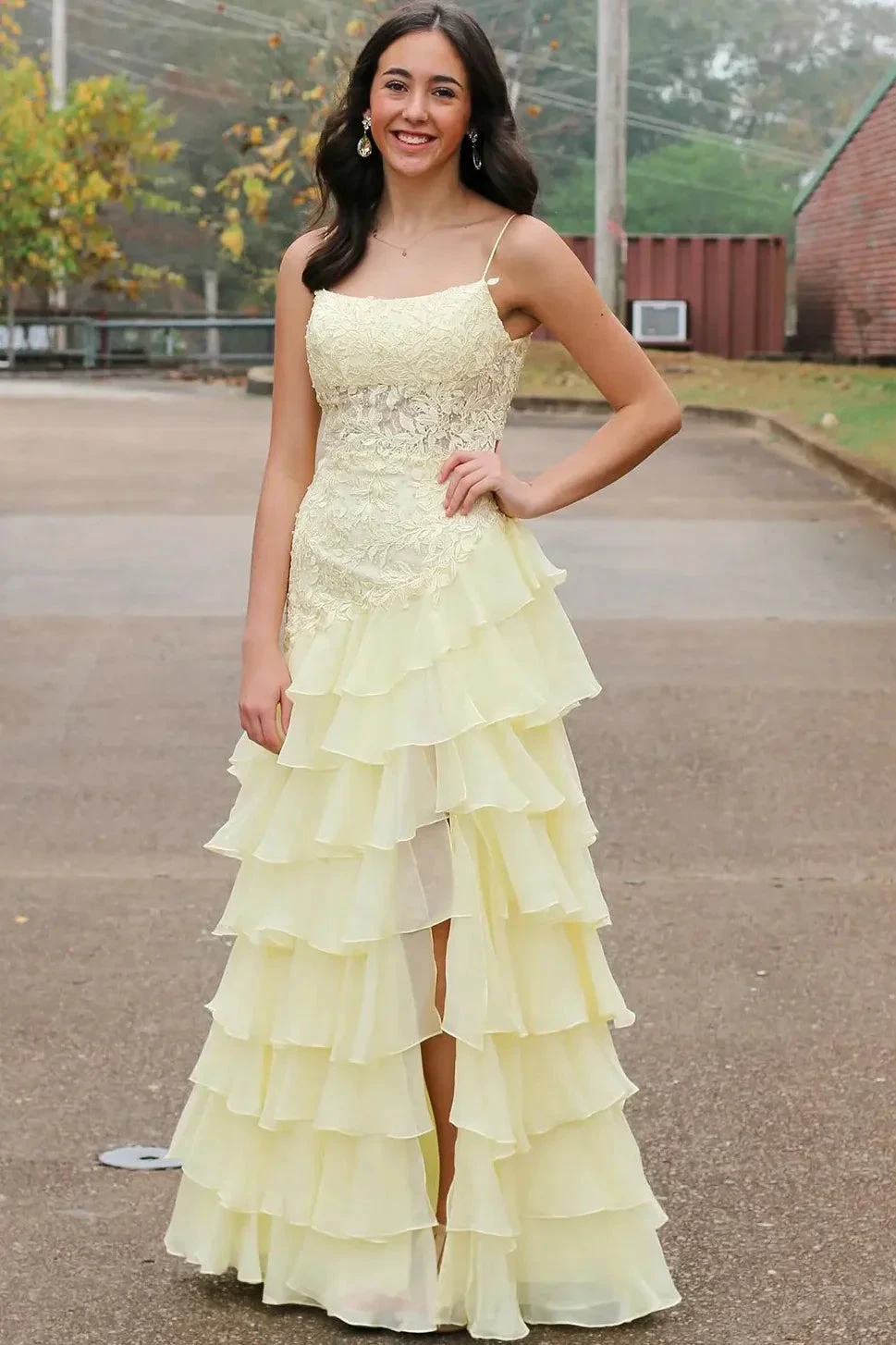 Victorie | Spaghetti Straps Appliques A-Line Layered Chiffon Prom Dress with Slit by KissProm