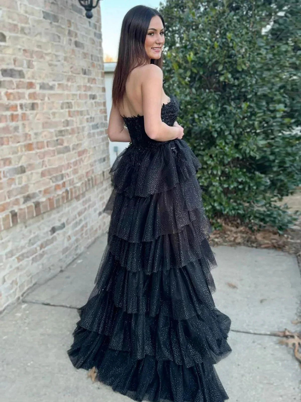 Vina | Black Strapless A Line Tulle Prom Dress With Appliques by KissProm