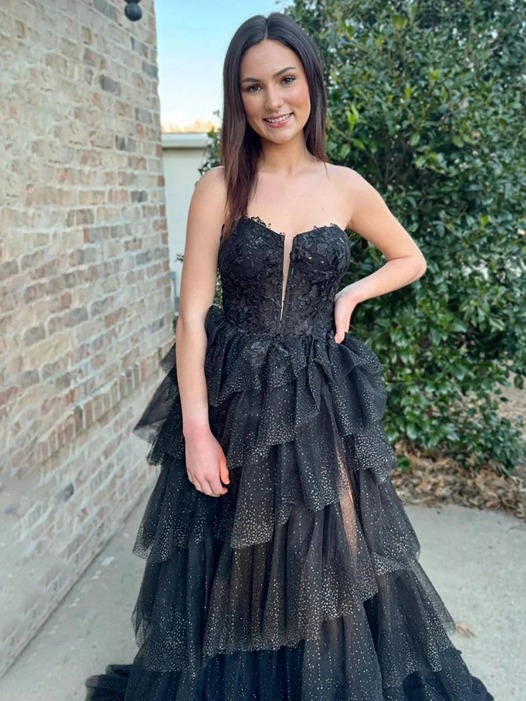 Vina | Black Strapless A Line Tulle Prom Dress With Appliques by KissProm