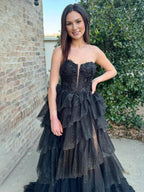 Vina | Black Strapless A Line Tulle Prom Dress With Appliques by KissProm