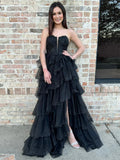 Vina | Black Strapless A Line Tulle Prom Dress With Appliques by KissProm
