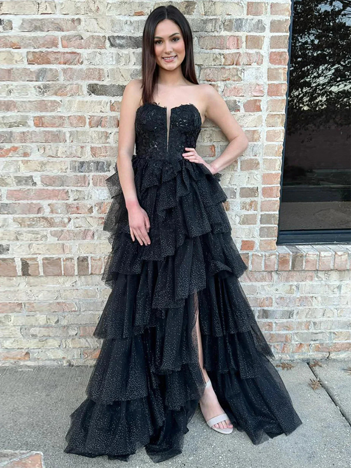 Vina | Black Strapless A Line Tulle Prom Dress With Appliques by KissProm