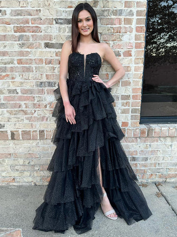 Vina | Schwarzes trägerloses A-Linien-Ballkleid aus Tüll mit Applikationen