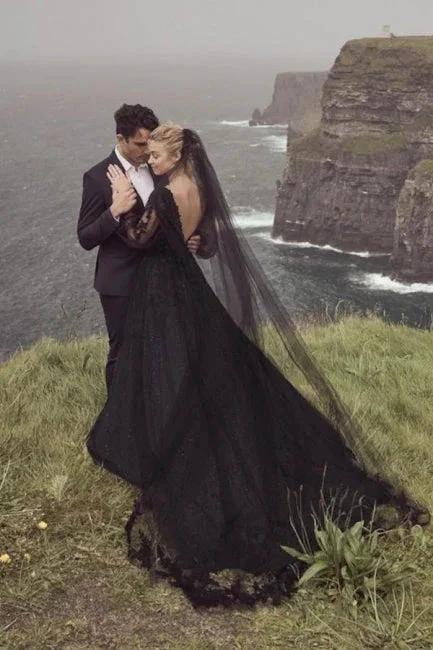 Vintage A-Line Black V-neck Wedding Dresses With Long Sleeves by misshow.com