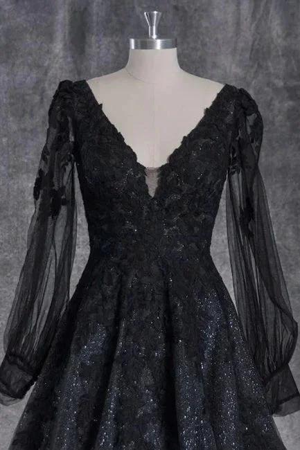 Vintage A-Line Black V-neck Wedding Dresses With Long Sleeves by misshow.com