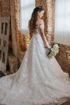 Vintage A-Line Lace Off-The-Shoulder Sleeveless White Wedding Dresses With Appliques by misshow.com