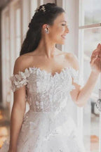 Vintage A-Line Lace Off-The-Shoulder Sleeveless White Wedding Dresses With Appliques by misshow.com