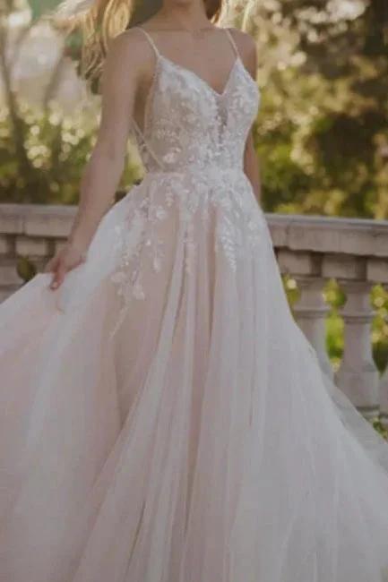 Vintage A-Line Lace Sweetheart Sleeveless White Wedding Dresses With Appliques by misshow.com
