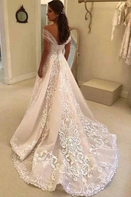 Vintage A-Line Off-the-shoulder Sweep Trian Wedding Dress With Lace by misshow.com