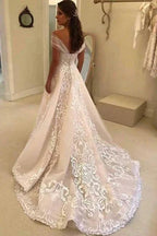 Vintage A-Line Off-the-shoulder Sweep Trian Wedding Dress With Lace by misshow.com