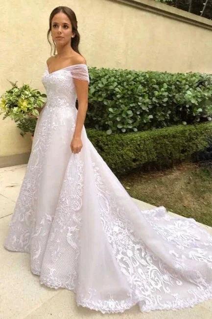 Vintage A-Line Off-the-shoulder Sweep Trian Wedding Dress With Lace by misshow.com