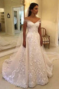 Vintage A-Line Off-the-shoulder Sweep Trian Wedding Dress With Lace by misshow.com