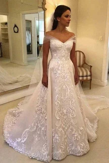 Vintage A-Line Off-the-shoulder Sweep Trian Wedding Dress With Lace by misshow.com
