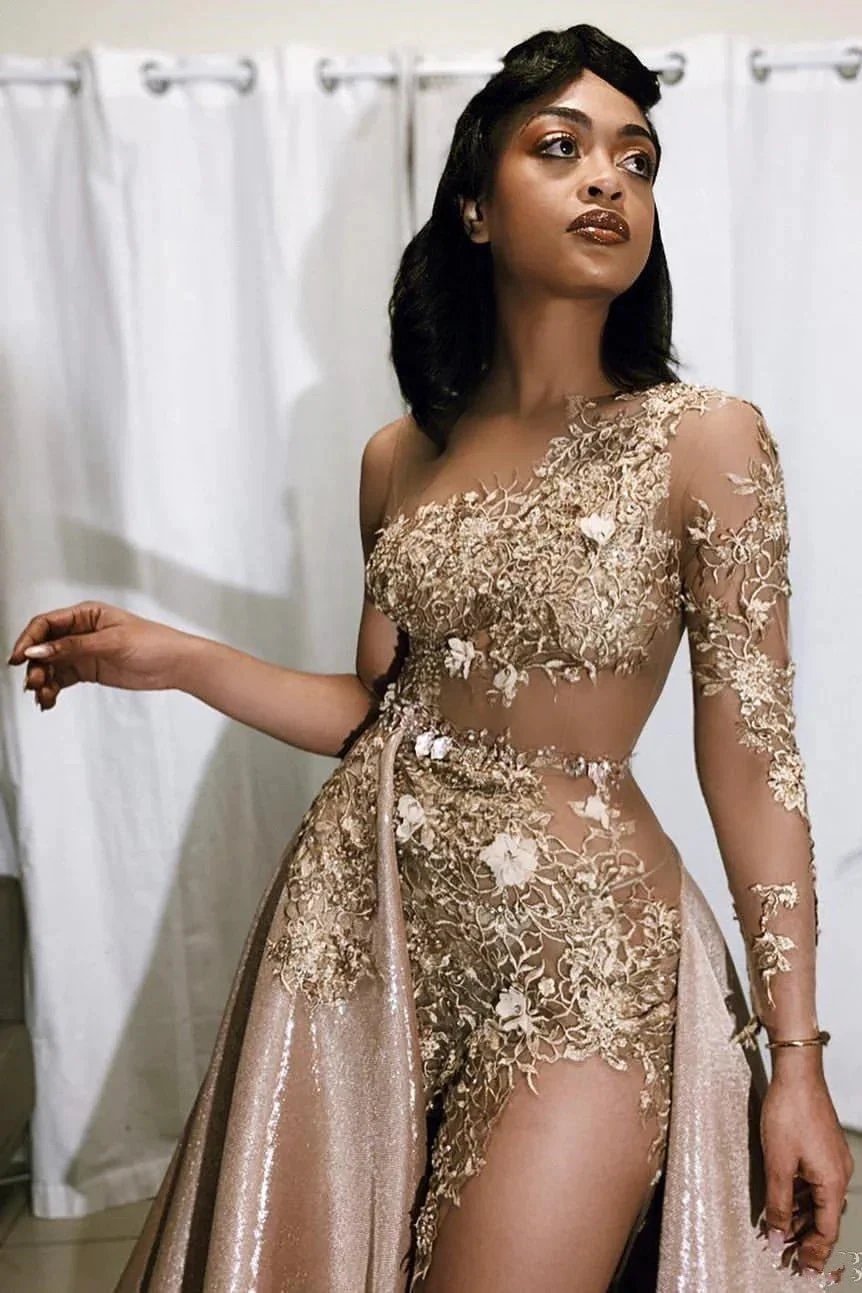 Vintage A-line One Shoulder Lace Appliqued Long Prom Dresses With Over Skirt by BIZTUNNEL