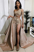 Vintage A-line One Shoulder Lace Appliqued Long Prom Dresses With Over Skirt by BIZTUNNEL