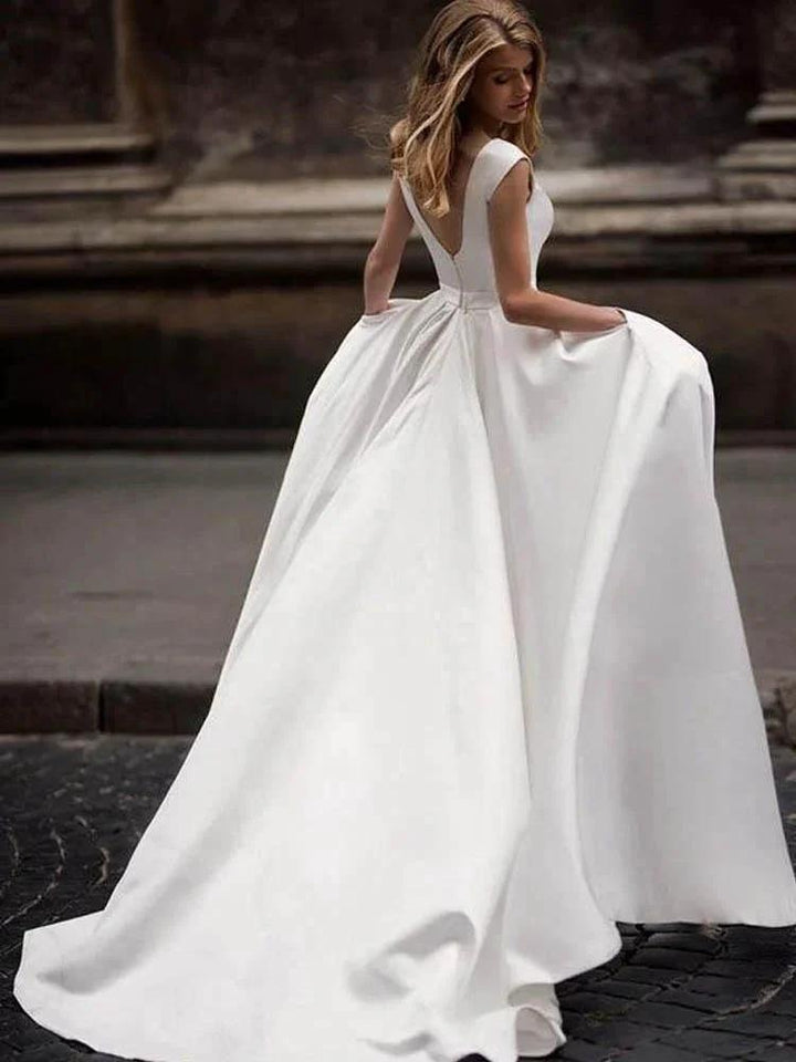 Vintage A-line Princess Ivory Satin Long Wedding Dresses with Pockets WD328 by pgmdress