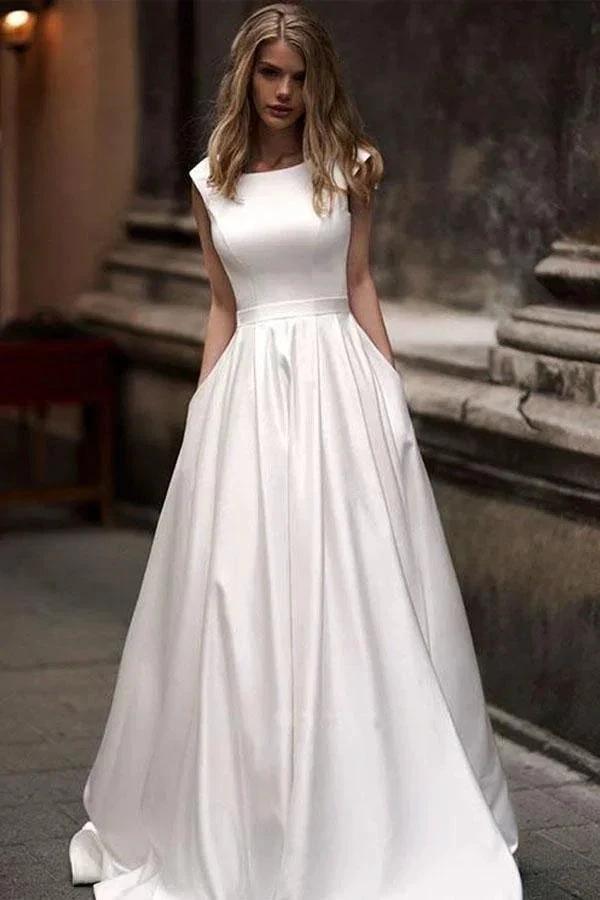 Vintage A-line Princess Ivory Satin Long Wedding Dresses with Pockets WD328 by pgmdress