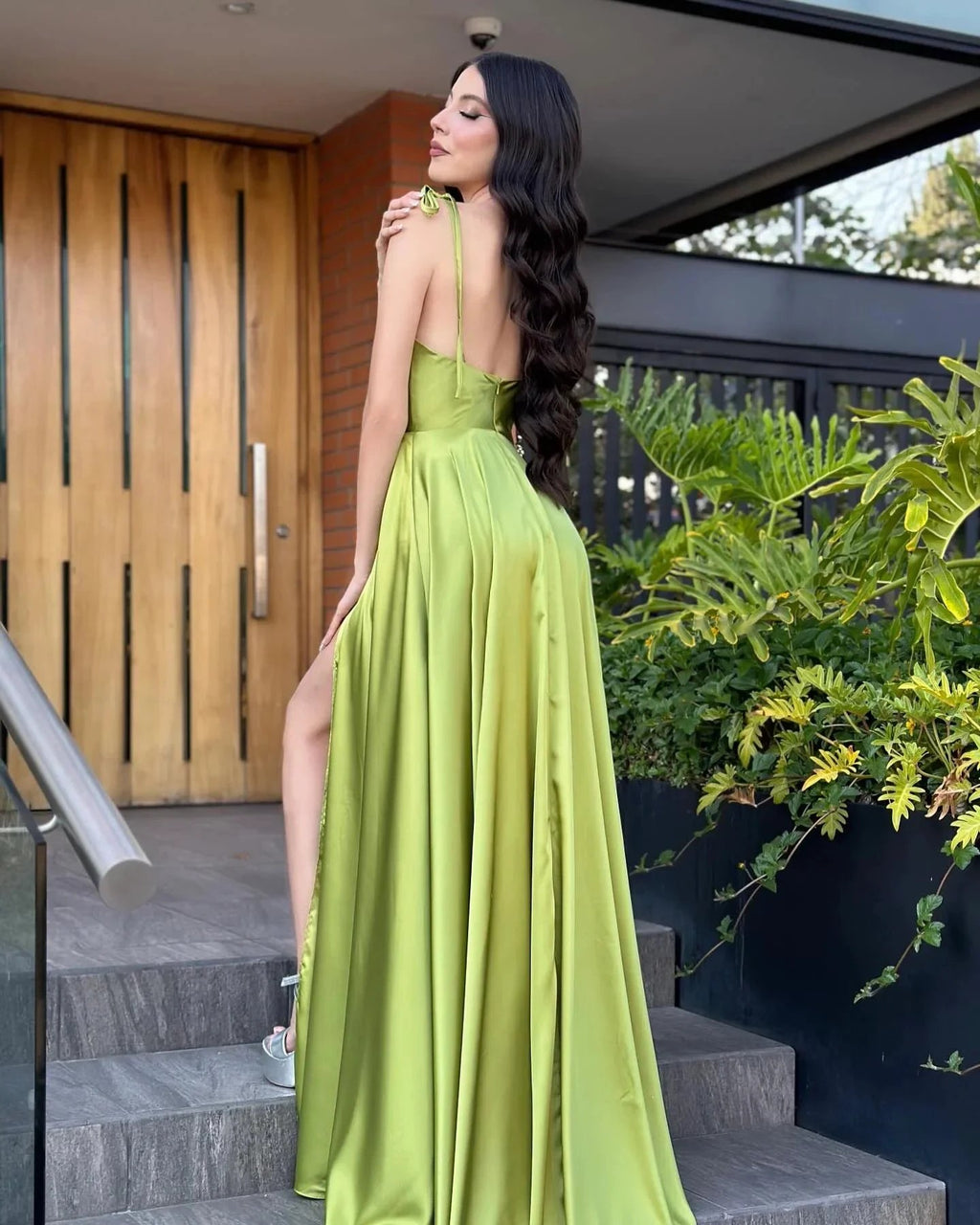 Vintage A-Line Satin Off-The-Shoulder Sleeveless Green Prom Dresses With Ruffles Split by misshow.com