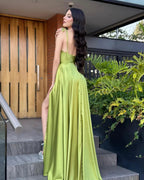 Vintage A-Line Satin Off-The-Shoulder Sleeveless Green Prom Dresses With Ruffles Split by misshow.com