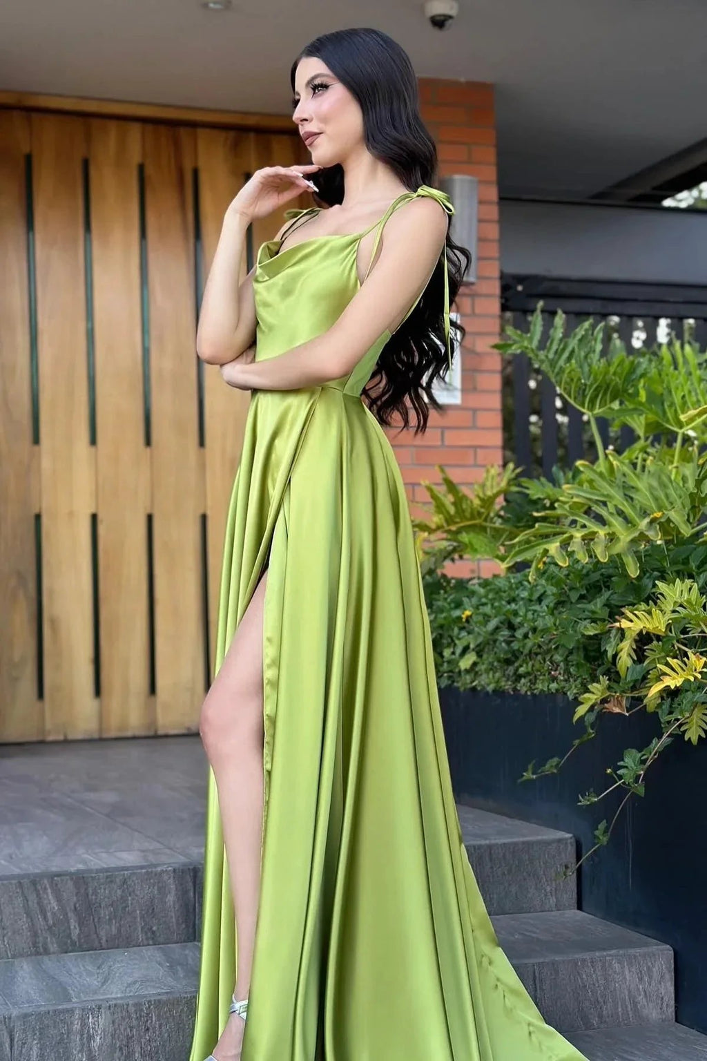 Vintage A-Line Satin Off-The-Shoulder Sleeveless Green Prom Dresses With Ruffles Split by misshow.com