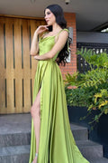 Vintage A-Line Satin Off-The-Shoulder Sleeveless Green Prom Dresses With Ruffles Split by misshow.com