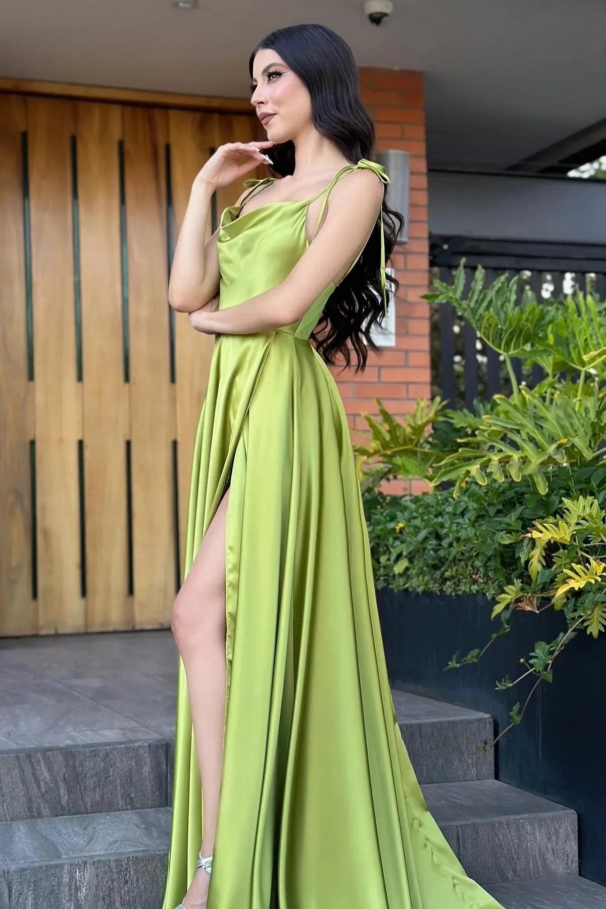 Vintage A-Line Satin Off-The-Shoulder Sleeveless Green Prom Dresses With Ruffles Split by misshow.com