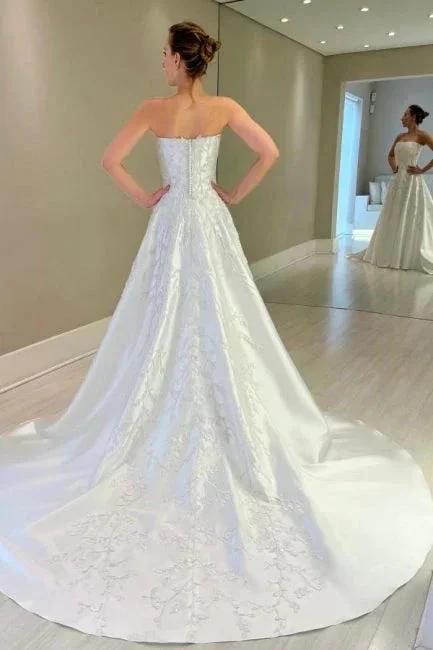 Vintage A-Line Satin Sleeveless White Long Wedding Dress With Appliques by misshow.com