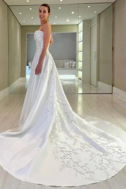 Vintage A-Line Satin Sleeveless White Long Wedding Dress With Appliques by misshow.com