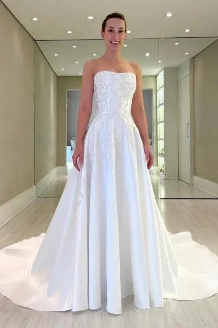 Vintage A-Line Satin Sleeveless White Long Wedding Dress With Appliques by misshow.com