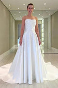 Vintage A-Line Satin Sleeveless White Long Wedding Dress With Appliques by misshow.com