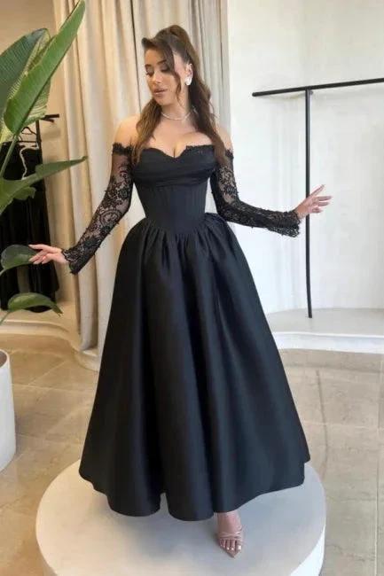 Vintage A-Line Satin Sweetheart Long Sleeve Black Prom Dresses With Appliques by misshow.com