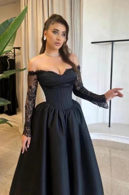 Vintage A-Line Satin Sweetheart Long Sleeve Black Prom Dresses With Appliques by misshow.com