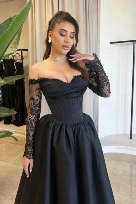 Vintage A-Line Satin Sweetheart Long Sleeve Black Prom Dresses With Appliques by misshow.com